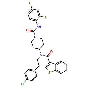 Chemical structure of 4-[(Benzo[b]thien-3-ylcarbonyl)[2-(4-chlorophenyl)ethyl]amino]-N-(2,4-difluorophenyl)-1-piperidinecarboxamide , CAS 1092847-21-6, AChemBlock X209159