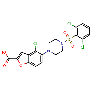 Chemical structure of 4-chloro-5-(4-((2,6-dichlorophenyl)sulfonyl)piperazin-1-yl)benzofuran-2-carboxylic acid , CAS 1192171-69-9, AChemBlock X209164