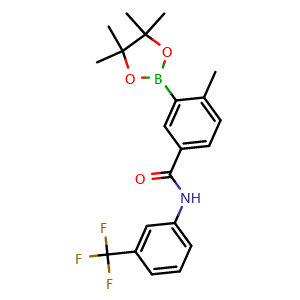 Chemical structure of 4-methyl-3-(4,4,5,5-tetramethyl-1,3,2-dioxaborolan-2-yl)-N-(3-(trifluoromethyl)phenyl)benzamide , CAS 882678-81-1, AChemBlock X209169