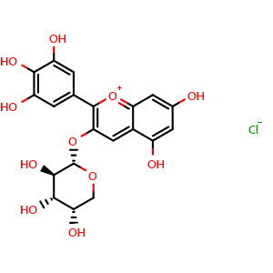 Chemical structure of 5,7-dihydroxy-2-(3,4,5-trihydroxyphenyl)-3-(((2S,3R,4S,5S)-3,4,5-trihydroxytetrahydro-2H-pyran-2-yl)oxy)chromenylium chloride , CAS 171370-55-1, AChemBlock X209177