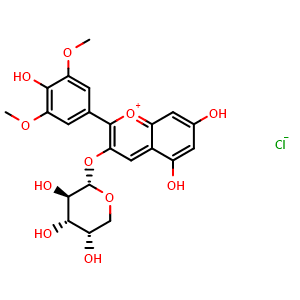 Chemical structure of 5,7-dihydroxy-2-(4-hydroxy-3,5-dimethoxyphenyl)-3-(((2S,3R,4S,5S)-3,4,5-trihydroxytetrahydro-2H-pyran-2-yl)oxy)chromenylium chloride , CAS 679429-95-9, AChemBlock X209178