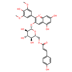 Chemical structure of 5,7-dihydroxy-2-(4-hydroxy-3,5-dimethoxyphenyl)-3-(((2S,3R,4S,5S,6R)-3,4,5-trihydroxy-6-((((E)-3-(4-hydroxyphenyl)acryloyl)oxy)methyl)tetrahydro-2H-pyran-2-yl)oxy)chromenylium , CAS 158189-28-7, AChemBlock X209179