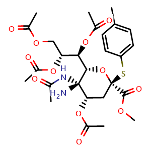 Chemical structure of 5-Acetamido-4,7,8,9-tetra-O-acetyl-2-S-(4-methylphenyl)-2-thioneuraminic acid methyl Ester , CAS 1071226-27-1, AChemBlock X209192