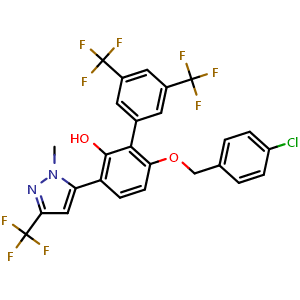 Chemical structure of 6-((4-chlorobenzyl)oxy)-3-(1-methyl-3-(trifluoromethyl)-1H-pyrazol-5-yl)-3',5'-bis(trifluoromethyl)-[1,1'-biphenyl]-2-ol , CAS 2289690-31-7, AChemBlock X209195