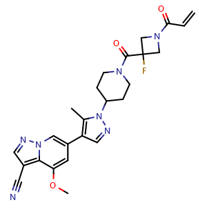 Chemical structure of 6-(1-(1-(1-acryloyl-3-fluoroazetidine-3-carbonyl)piperidin-4-yl)-5-methyl-1H-pyrazol-4-yl)-4-methoxypyrazolo[1,5-a]pyridine-3-carbonitrile , CAS 2446665-21-8, AChemBlock X209196