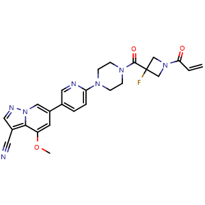 Chemical structure of 6-(6-(4-(1-acryloyl-3-fluoroazetidine-3-carbonyl)piperazin-1-yl)pyridin-3-yl)-4-methoxypyrazolo[1,5-a]pyridine-3-carbonitrile , CAS 2446665-48-9, AChemBlock X209199