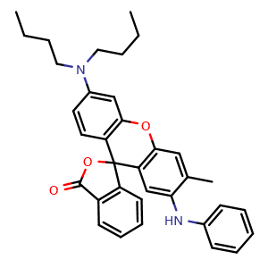 Chemical structure of 6'-(Dibutylamino)-3'-methyl-2'-(phenylamino)-3H-spiro[isobenzofuran-1,9'-xanthen]-3-one , CAS 89331-94-2, AChemBlock X209200