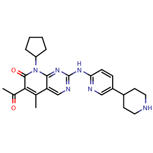 Chemical structure of 6-acetyl-8-cyclopentyl-5-methyl-2-((5-(piperidin-4-yl)pyridin-2-yl)amino)pyrido[2,3-d]pyrimidin-7(8H)-one , CAS 1637781-04-4, AChemBlock X209203