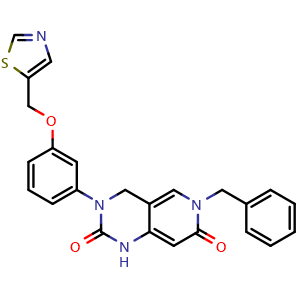 Chemical structure of 6-benzyl-3-(3-(thiazol-5-ylmethoxy)phenyl)-4,6-dihydropyrido[4,3-d]pyrimidine-2,7(1H,3H)-dione , CAS 2104030-82-0, AChemBlock X209204