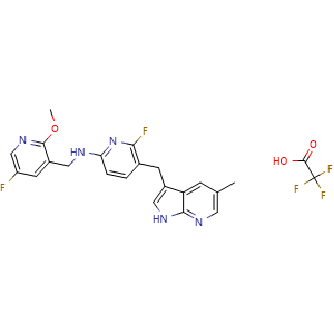 Chemical structure of 6-fluoro-N-[(5-fluoro-2-methoxy-3-pyridyl)methyl]-5-[(5-methyl-1H-pyrrolo[2,3-b]pyridin-3-yl)methyl]pyridin-2-amine;2,2,2-trifluoroacetic acid , AChemBlock X209207