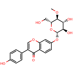 Chemical structure of 7-(((2S,3R,4R,5S,6R)-3,4-dihydroxy-6-(hydroxymethyl)-5-methoxytetrahydro-2H-pyran-2-yl)oxy)-3-(4-hydroxyphenyl)-4H-chromen-4-one , CAS 1195968-02-5, AChemBlock X209208