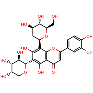 Chemical structure of 8-((2R,4R,5S,6R)-4,5-dihydroxy-6-(hydroxymethyl)tetrahydro-2H-3l3-pyran-2-yl)-2-(3,4-dihydroxyphenyl)-5,7-dihydroxy-6-((2S,3R,4S,5S)-3,4,5-trihydroxytetrahydro-2H-pyran-2-yl)-4H-chromen-4-one , CAS 83151-90-0, AChemBlock X209212