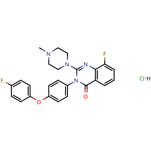 Chemical structure of 8-fluoro-3-(4-(4-fluorophenoxy)phenyl)-2-(4-methylpiperazin-1-yl)quinazolin-4(3H)-one hydrochloride , CAS 2314467-60-0, AChemBlock X209213