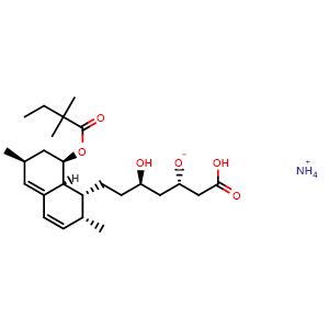 Chemical structure of ammonium (2S,4R)-1-carboxy-6-((1R,2R,6S,8R,8aS)-8-((2,2-dimethylbutanoyl)oxy)-2,6-dimethyl-1,2,6,7,8,8a-hexahydronaphthalen-1-yl)-4-hydroxyhexan-2-olate , CAS 139893-43-9, AChemBlock X209220