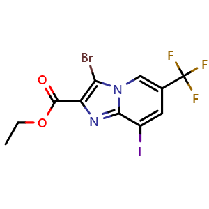 Chemical structure of ethyl 3-bromo-8-iodo-6-(trifluoromethyl)imidazo[1,2-a]pyridine-2-carboxylate , CAS 2702837-08-7, AChemBlock X209256