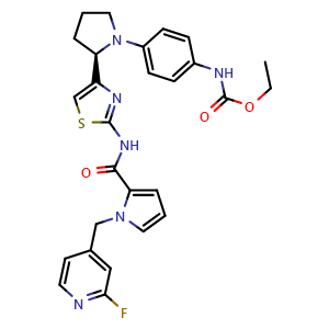 Chemical structure of ethyl N-[4-[(2R)-2-[2-[[1-[(2-fluoro-4-pyridyl)methyl]pyrrole-2-carbonyl]amino]thiazol-4-yl]pyrrolidin-1-yl]phenyl]carbamate , CAS 2763271-12-9, AChemBlock X209259