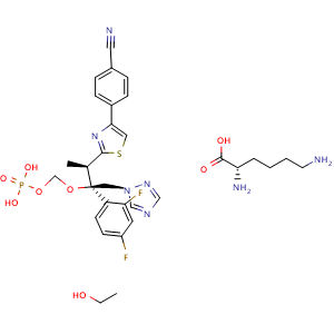 Chemical structure of L-lysine compound with (((2R,3R)-3-(4-(4-cyanophenyl)thiazol-2-yl)-2-(2,4-difluorophenyl)-1-(1H-1,2,4-triazol-1-yl)butan-2-yl)oxy)methyl dihydrogen phosphate and ethanol (1:1:1) , CAS 914361-45-8, AChemBlock X209275