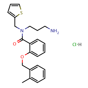 Chemical structure of N-(3-aminopropyl)-2-((2-methylbenzyl)oxy)-N-(thiophen-2-ylmethyl)benzamide hydrochloride , CAS 879127-07-8, AChemBlock X209296