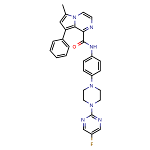 Chemical structure of N-(4-(4-(5-fluoropyrimidin-2-yl)piperazin-1-yl)phenyl)-6-methyl-8-phenylpyrrolo[1,2-a]pyrazine-1-carboxamide , CAS 2841463-83-8, AChemBlock X209301