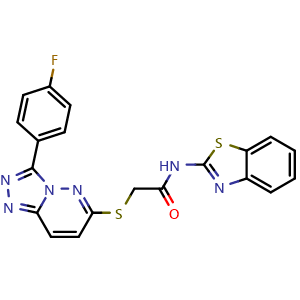 Chemical structure of N-(benzo[d]thiazol-2-yl)-2-((3-(4-fluorophenyl)-[1,2,4]triazolo[4,3-b]pyridazin-6-yl)thio)acetamide , CAS 721964-46-1, AChemBlock X209312