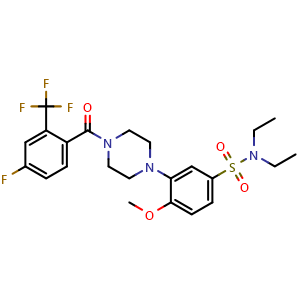 Chemical structure of N,N-diethyl-3-(4-(4-fluoro-2-(trifluoromethyl)benzoyl)piperazin-1-yl)-4-methoxybenzenesulfonamide , CAS 924537-98-4, AChemBlock X209316