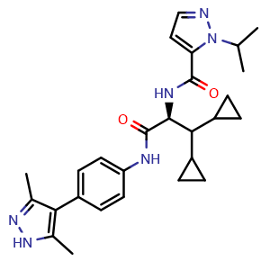 Chemical structure of N-[(1S)-1-(dicyclopropylmethyl)-2-[4-(3,5-dimethyl-1H-pyrazol-4-yl)anilino]-2-oxoethyl]-2-isopropyl-pyrazole-3-carboxamide , CAS 2446803-65-0, AChemBlock X209318