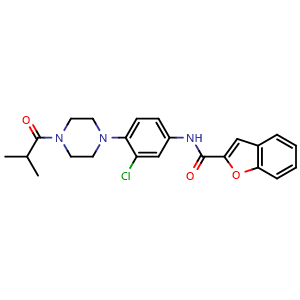 Chemical structure of N-[3-chloro-4-[4-(2-methylpropanoyl)piperazin-1-yl]phenyl]-1-benzofuran-2-carboxamide , CAS 674359-73-0, AChemBlock X209322