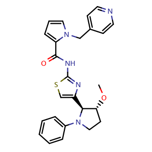 Chemical structure of N-[4-[(2S,3R)-3-methoxy-1-phenyl-pyrrolidin-2-yl]thiazol-2-yl]-1-(4-pyridylmethyl)pyrrole-2-carboxamide , CAS 2484865-70-3, AChemBlock X209323