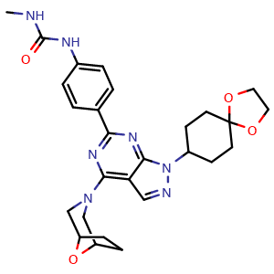 Chemical structure of N-[4-[1-(1,4-dioxaspiro[4.5]dec-8-yl)-4-(8-oxa-3-azabicyclo[3.2.1]oct-3-yl)-1H-pyrazolo[3,4-d]pyrimidin-6-yl]phenyl]-N'-methylurea , CAS 1144068-46-1, AChemBlock X209324