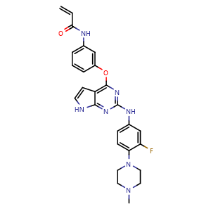 Chemical structure of N-{3-[(2-{[3-fluoro-4-(4-methylpiperazin-1-yl)phenyl]amino}-7H-pyrrolo[2,3-d]pyrimidin-4-yl)oxy]phenyl}prop-2-enamide , CAS 1557267-42-1, AChemBlock X209326