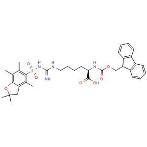 Chemical structure of N2-(((9H-fluoren-9-yl)methoxy)carbonyl)-N6-(N-((2,2,4,6,7-pentamethyl-2,3-dihydrobenzofuran-5-yl)sulfonyl)carbamimidoyl)-D-lysine , CAS 1313054-60-2, AChemBlock X209328