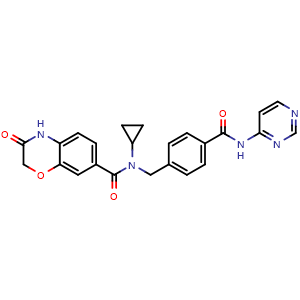 Chemical structure of N-cyclopropyl-3-oxo-N-(4-(pyrimidin-4-ylcarbamoyl)benzyl)-3,4-dihydro-2H-benzo[b][1,4]oxazine-7-carboxamide , CAS 2561494-77-5, AChemBlock X209333