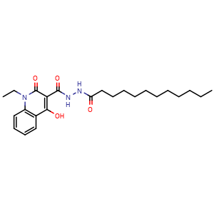 Chemical structure of N'-dodecanoyl-1-ethyl-4-hydroxy-2-oxo-1,2-dihydroquinoline-3-carbohydrazide , CAS 331963-27-0, AChemBlock X209334