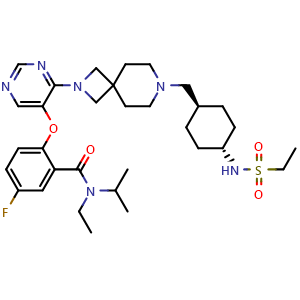 Chemical structure of N-ethyl-2-((4-(7-(((1r,4r)-4-(ethylsulfonamido)cyclohexyl)methyl)-2,7-diazaspiro[3.5]nonan-2-yl)pyrimidin-5-yl)oxy)-5-fluoro-N-isopropylbenzamide , CAS 2169919-21-3, AChemBlock X209336