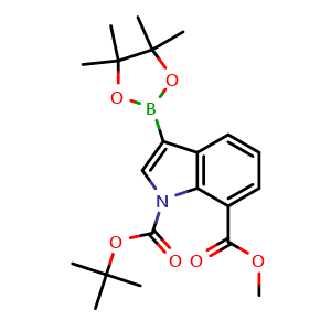 Chemical structure of O1-tert-butyl O7-methyl 3-(4,4,5,5-tetramethyl-1,3,2-dioxaborolan-2-yl)indole-1,7-dicarboxylate , CAS 1256360-02-7, AChemBlock X209341