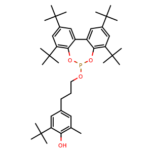 Chemical structure of Phenol,2-(1,1-dimethylethyl)-6-methyl-4-[3-[[2,4,8,10-tetrakis(1,1-dimethylethyl)dibenzo[d,f][1,3,2]dioxaphosphepin-6-yl]oxy]propyl]- , CAS 203255-81-6, AChemBlock X209350