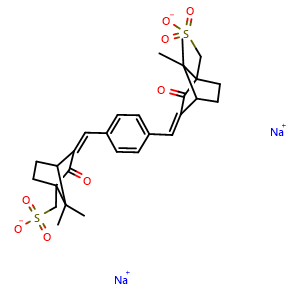 Chemical structure of sodium ((3Z,3'E)-(1,4-phenylenebis(methaneylylidene))bis(7,7-dimethyl-2-oxobicyclo[2.2.1]heptan-1-yl-3-ylidene))dimethanesulfonate , CAS 90458-75-6, AChemBlock X209359