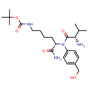 Chemical structure of tert-butyl ((S)-6-amino-5-((S)-2-amino-N-(4-(hydroxymethyl)phenyl)-3-methylbutanamido)-6-oxohexyl)carbamate , CAS 1432969-86-2, AChemBlock X209372