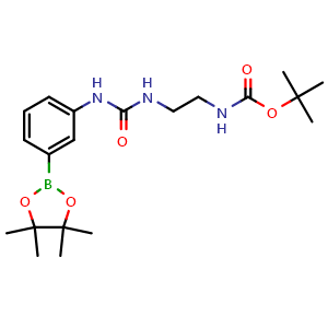 Chemical structure of tert-butyl (2-(3-(3-(4,4,5,5-tetramethyl-1,3,2-dioxaborolan-2-yl)phenyl)ureido)ethyl)carbamate , CAS 1036990-28-9, AChemBlock X209373