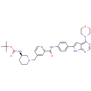 Chemical structure of tert-butyl (R)-(1-((2-((4-(4-morpholino-7H-pyrrolo[2,3-d]pyrimidin-6-yl)phenyl)carbamoyl)pyridin-4-yl)methyl)piperidin-3-yl)carbamate , CAS 2448173-47-3, AChemBlock X209377