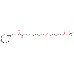 Chemical structure of tert-butyl 3-[2-[2-[2-[2-(9-bicyclo[6.1.0]non-4-ynylmethoxycarbonylamino)ethoxy]ethoxy]ethoxy]ethoxy]propanoate , CAS 1807501-83-2, AChemBlock X209382