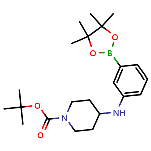 Chemical structure of tert-butyl 4-((3-(4,4,5,5-tetramethyl-1,3,2-dioxaborolan-2-yl)phenyl)amino)piperidine-1-carboxylate , CAS 1385016-81-8, AChemBlock X209385