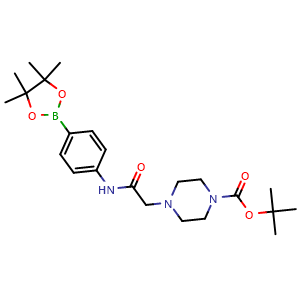 Chemical structure of tert-butyl 4-(2-oxo-2-((4-(4,4,5,5-tetramethyl-1,3,2-dioxaborolan-2-yl)phenyl)amino)ethyl)piperazine-1-carboxylate , CAS 1704120-87-5, AChemBlock X209389