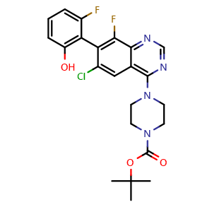 Chemical structure of tert-butyl 4-(6-chloro-8-fluoro-7-(2-fluoro-6-hydroxyphenyl)quinazolin-4-yl)piperazine-1-carboxylate , CAS 2223023-61-6, AChemBlock X209390