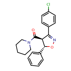 Chemical structure of ((4S,5S)-3-(4-chlorophenyl)-5-phenyl-4,5-dihydroisoxazol-4-yl)(piperidin-1-yl)methanone , CAS 213387-42-9, AChemBlock X209408