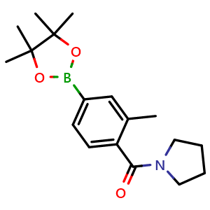 Chemical structure of (2-Methyl-4-(4,4,5,5-tetramethyl-1,3,2-dioxaborolan-2-yl)phenyl)(pyrrolidin-1-yl)methanone , CAS 1092563-41-1, AChemBlock X209445