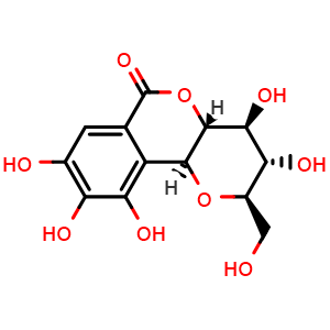 Chemical structure of (2R,3S,4S,4aR,10bS)-3,4,8,9,10-pentahydroxy-2-(hydroxymethyl)-3,4,4a,10b-tetrahydropyrano[3,2-c]isochromen-6(2H)-one , CAS 79595-97-4, AChemBlock X209451