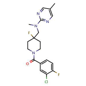 Chemical structure of (3-chloro-4-fluorophenyl)(4-fluoro-4-((methyl(5-methylpyrimidin-2-yl)amino)methyl)piperidin-1-yl)methanone , CAS 1330061-67-0, AChemBlock X209483