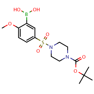 Chemical structure of (5-((4-(tert-butoxycarbonyl)piperazin-1-yl)sulfonyl)-2-methoxyphenyl)boronic acid , CAS 1704095-62-4, AChemBlock X209520