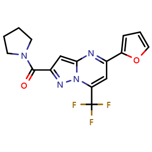 Chemical structure of (5-(furan-2-yl)-7-(trifluoromethyl)pyrazolo[1,5-a]pyrimidin-2-yl)(pyrrolidin-1-yl)methanone , CAS 314051-55-3, AChemBlock X209521